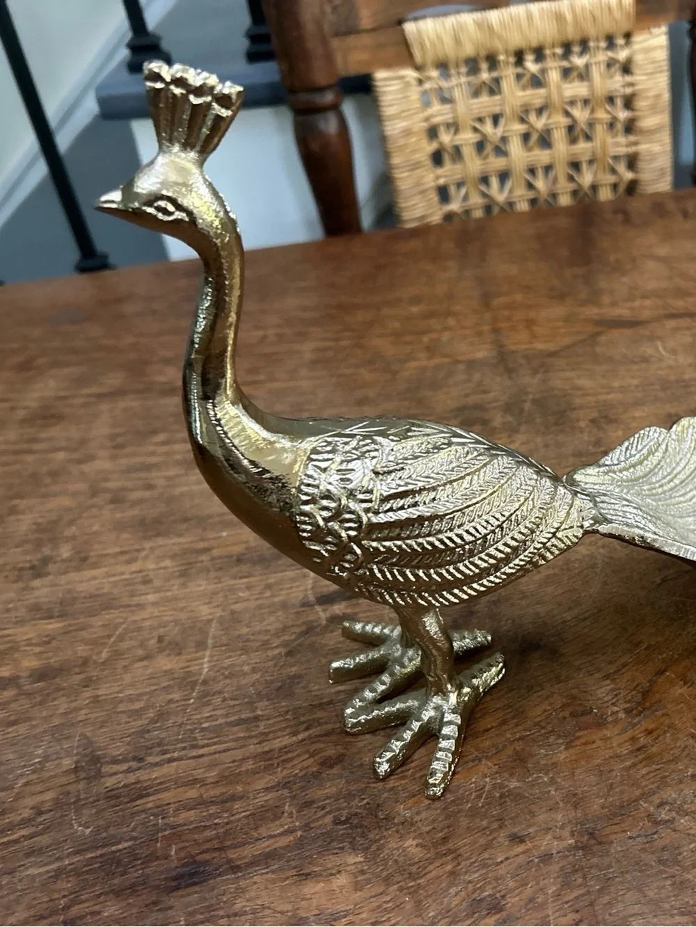 Vintage Gold Brass Peacock Trinket Dish MCM Jewelry Holder, 10x8.5x5 Inches